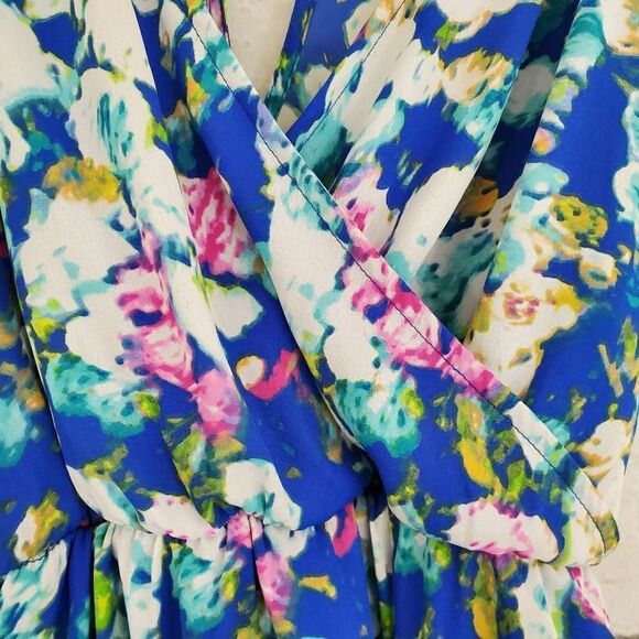 Lush Blue Floral Sleeveless Faux Wrap Dress - Picture 5 of 12